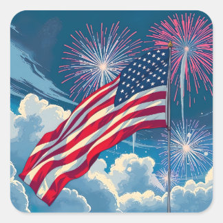 Adesivo Quadrado Bandeira Americana Patriótica com Fireworks - 4 de