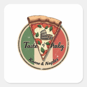 Adesivo Quadrado Bandeira italiana com a pizza Vintage Roma & Nápol