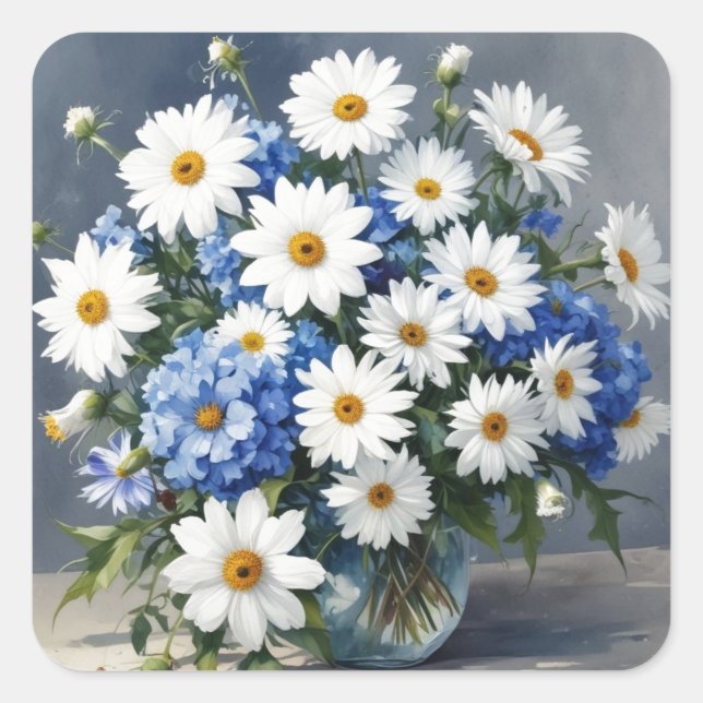 Adesivo Quadrado Bando de Flores Elegantes Daisies Watercolor (Frente)