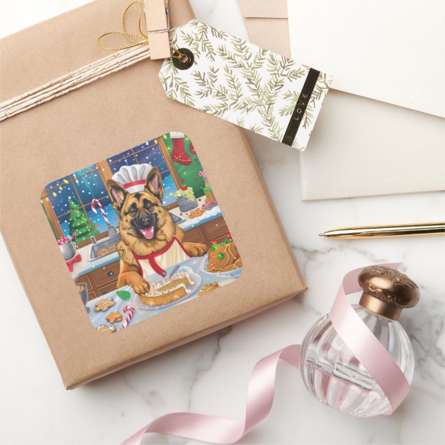 Adesivo Quadrado Banho de Férias do german shepherd: Natal Festivo (Presentear)