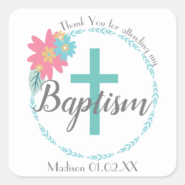 Adesivo Quadrado Baptism Floral Wreath Cross Primavera (Frente)