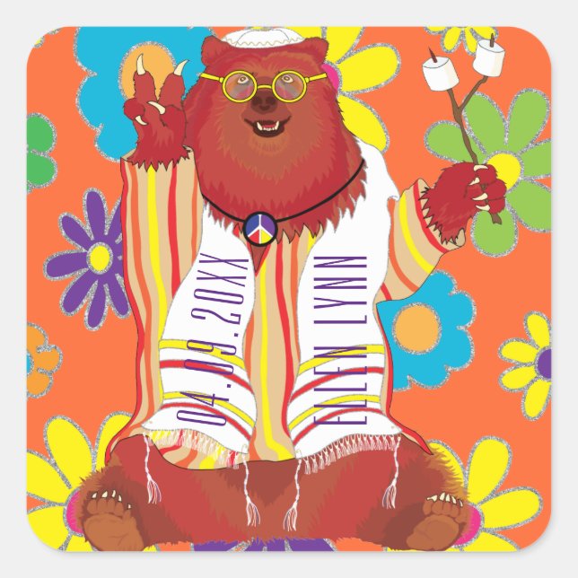 Adesivo Quadrado BAR BM Bat Mitzvah Hippie Happy Bear (Frente)