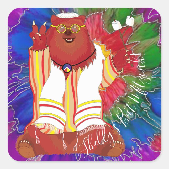 Adesivo Quadrado BAR BM ou Bat Mitzvah Hippie Bear Stickers Square (Frente)