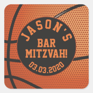 Adesivo Quadrado Bar Mitzvah de Basquete Personalizado Laranja Pret