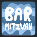 Adesivo Quadrado BAR MITZVAH - Fitas de Onda Azul Personalizáveis<br><div class="desc">Texto desenhado à mão por mim para você sobre um padrão azul ondulado desenhado à mão. Adicione seu próprio texto, se quiser. Para mais designs e cores, verifique meu compro! Ou me avise se quiser algo personalizado. Também tenho papel de empacotamento e, claro, versões do Bar e do Bat Mitzvah!...</div>