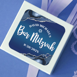Adesivo Quadrado Bar Mitzvah Moderno Marinho Azul Ombre Agate Scrip
