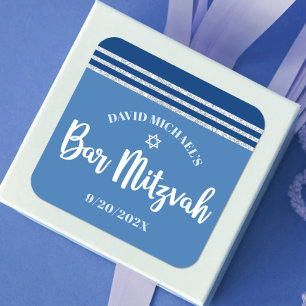 Adesivo Quadrado Bar Mitzvah Moderno Tallit Azul Prata Escrito Gros