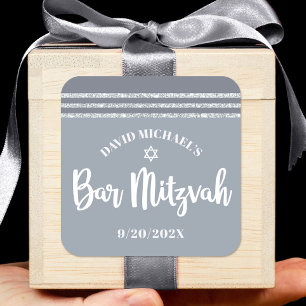 Adesivo Quadrado Bar Mitzvah Moderno Tallit Cinza Prateado Escrito 