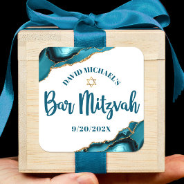 Adesivo Quadrado Bar Mitzvah Simples Moderno Ágata Turquesa Script