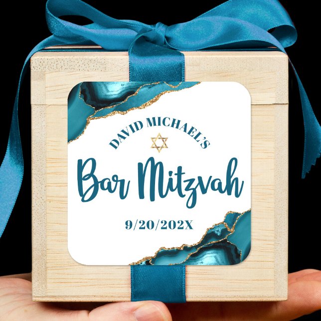 Adesivo Quadrado Bar Mitzvah Simples Moderno Ágata Turquesa Script (Criador carregado)