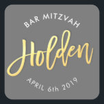 Adesivo Quadrado BAR PERSONALIZADO Mitzvah para Holden cinza   ouro<br><div class="desc">*** NOTA - O EFEITO DA FOLHA DE OURO É UMA IMAGEM IMPRESSA *** - - - - - - - - - - - - CONTATE ME para o "tipo de efeito da folha de ouro falsa" personalizado Ame o design, mas gostaria de ver algumas mudanças - outro esquema...</div>