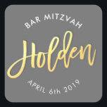 Adesivo Quadrado BAR PERSONALIZADO Mitzvah para Holden cinza   ouro<br><div class="desc">*** NOTA - O EFEITO DA FOLHA DE OURO É UMA IMAGEM IMPRESSA *** - - - - - - - - - - - - CONTATE ME para o "tipo de efeito da folha de ouro falsa" personalizado Ame o design, mas gostaria de ver algumas mudanças - outro esquema...</div>