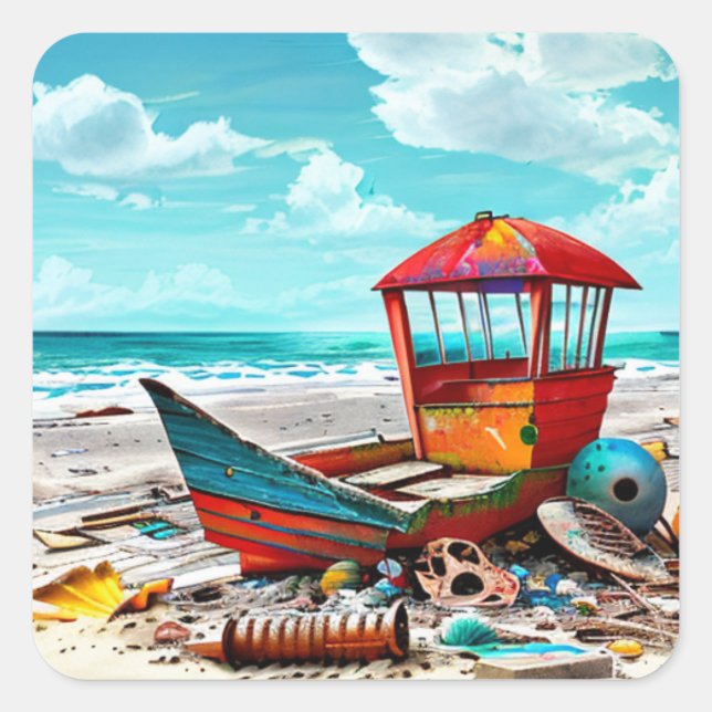 Adesivo Quadrado Barco Velho Desertado em uma praia abandonada Sand (Frente)