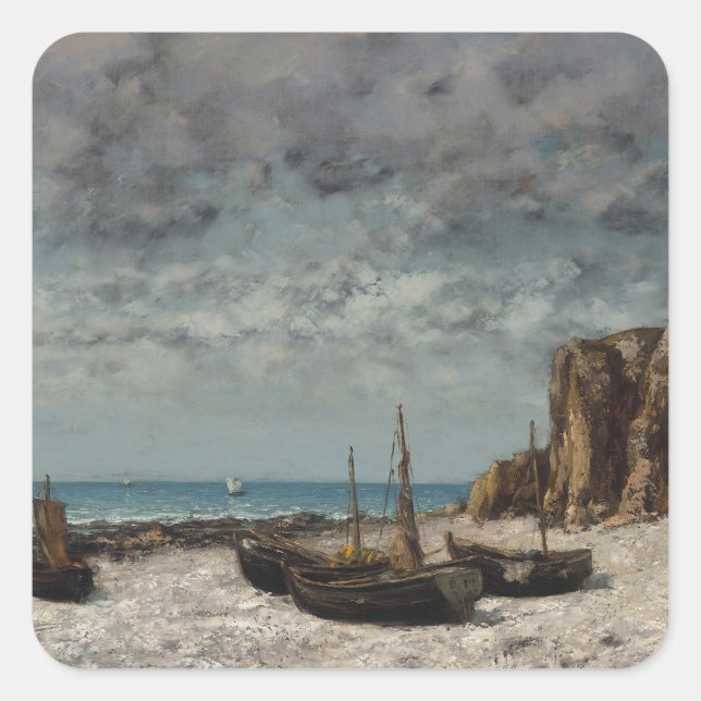 Adesivo Quadrado Barcos em praia, Etretat - Gustave Courbet (Frente)