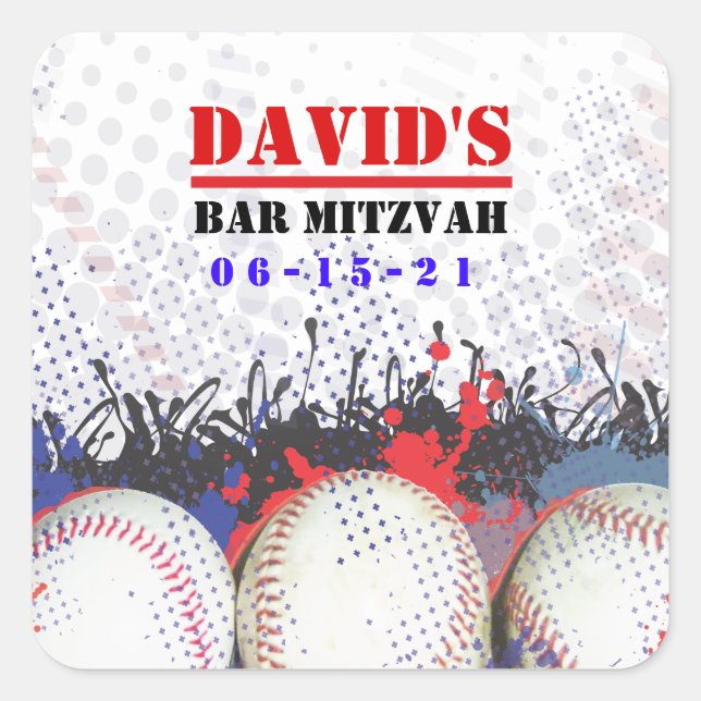 Adesivo Quadrado BASEBALL SPLATTER Bar Mitzvah Leve Para Casa Etiqu (Frente)