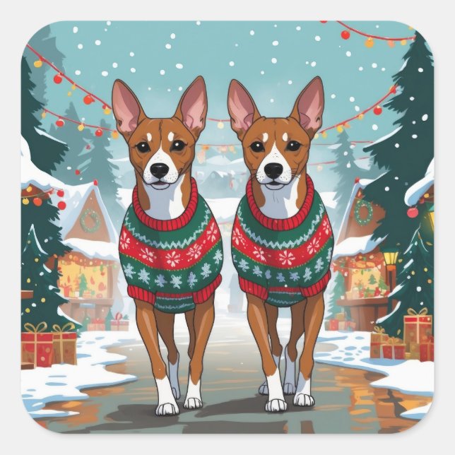 Adesivo Quadrado Basenji Dogs Christmas Snow Holiday  (Frente)