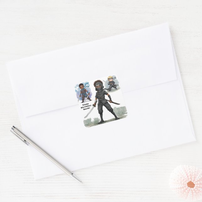 Adesivo Quadrado Bash de Aniversário do Garoto Karate Ninja (Envelope)