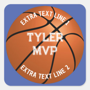 Adesivo Quadrado Basquetebol, Nome da Criança, MVP/Número, 2 Linhas
