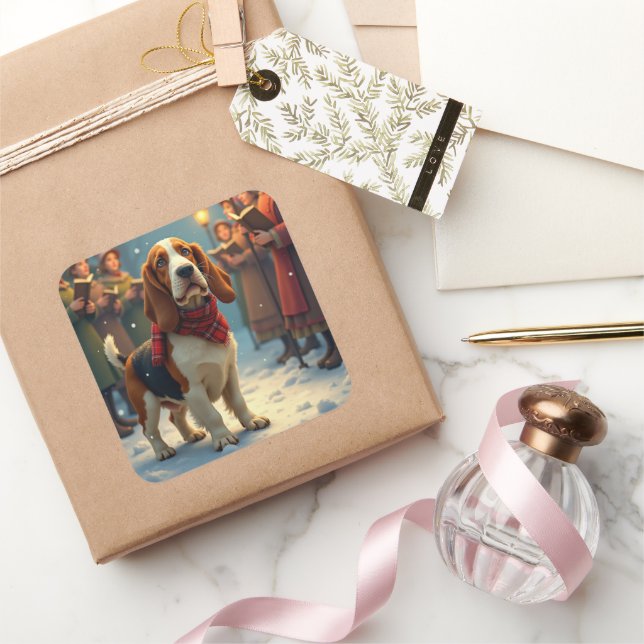 Adesivo Quadrado Basset Hound Christmas Carol Singers Painting (Presentear)