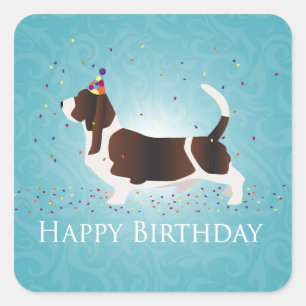 Adesivo Quadrado Basset Hound Happy Birthday Design