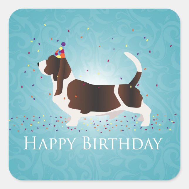 Adesivo Quadrado Basset Hound Happy Birthday Design (Frente)