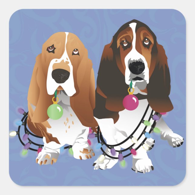 Adesivo Quadrado Basset Hound Peace Love Joy Design de Natal (Frente)