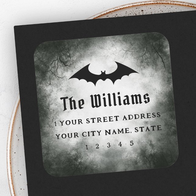Adesivo Quadrado Bat Halloween - endereço de retorno preto (Bat Halloween black grunge return address Square Sticker)