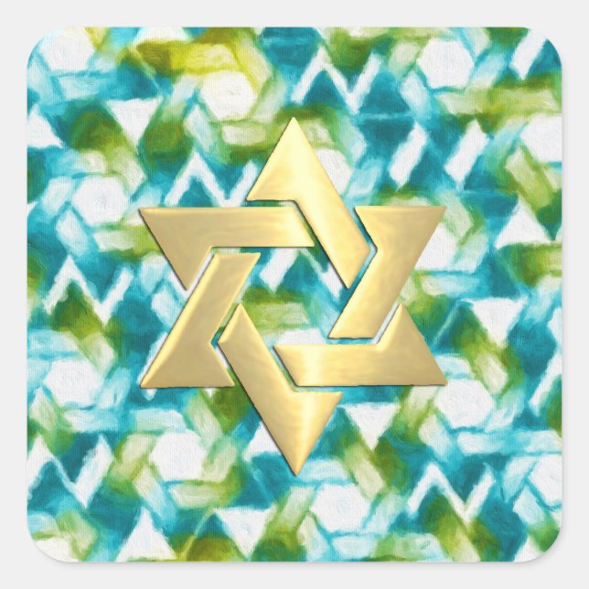 Adesivo Quadrado Bat Mitzvah Aqua Turquoise Green Star Damask (Frente)