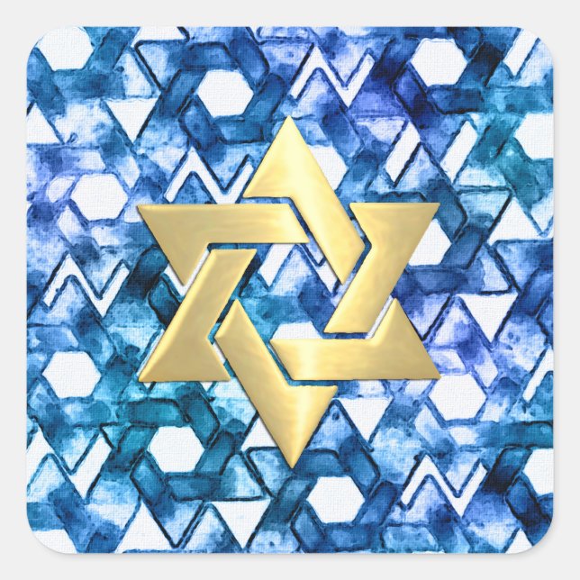 Adesivo Quadrado Bat Mitzvah Blue Medley Watercolor Star Damask (Frente)