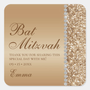 Adesivo Quadrado Bat Mitzvah com Brilho Dourado