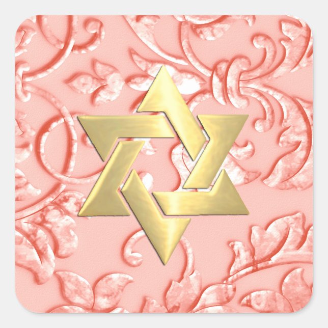 Adesivo Quadrado Bat Mitzvah Coral Pink Damask (Frente)