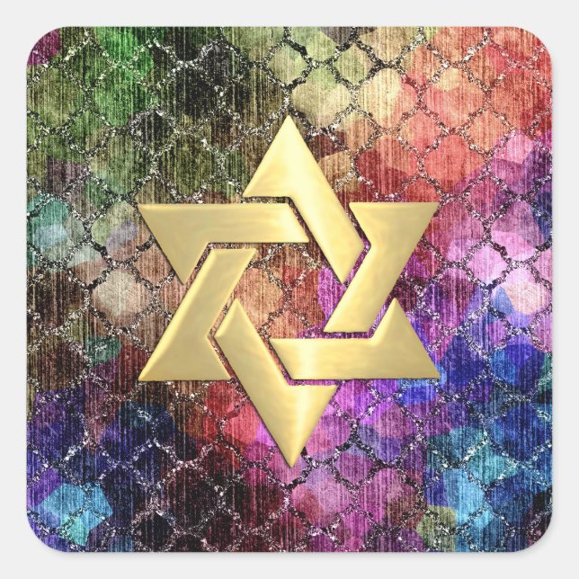 Adesivo Quadrado Bat Mitzvah Jewel Tones Shimmery Abstrato Patterno (Frente)