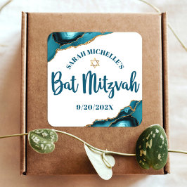Adesivo Quadrado Bat Mitzvah Moderno Turquesa Ouro Ágata Script