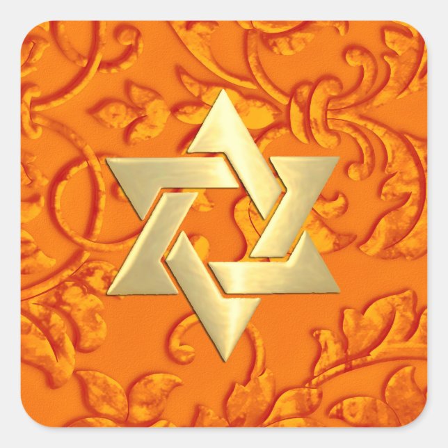 Adesivo Quadrado Bat Mitzvah Orange Damask (Frente)