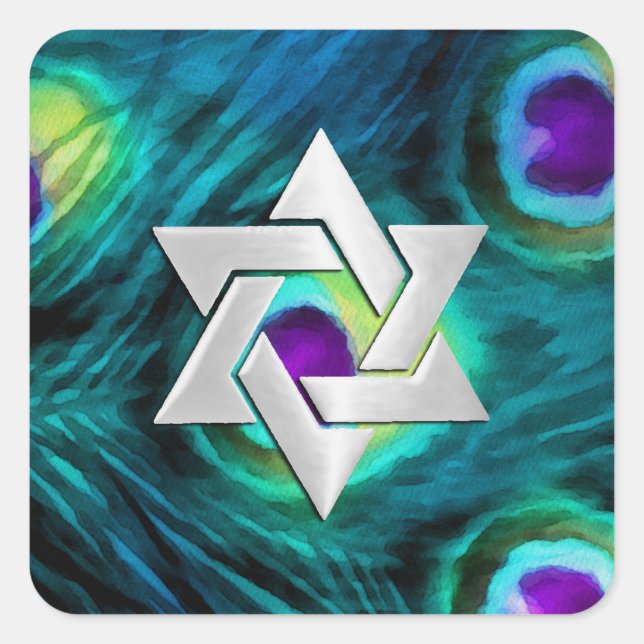 Adesivo Quadrado Bat Mitzvah Peacock Estrela Roxa e Teal (Frente)
