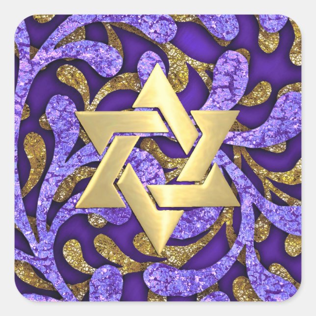 Adesivo Quadrado Bat Mitzvah Purple e algas marinhas Douradas (Frente)