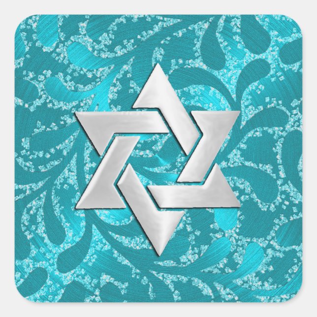Adesivo Quadrado Bat Mitzvah Silver Star Turquoise Blue Damask (Frente)