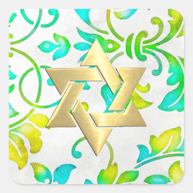 Adesivo Quadrado Bat Mitzvah Turquoise Amarelo e Verde Damasco (Frente)