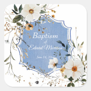 Adesivo Quadrado Batismo Azul-Derramante Floral Elegante