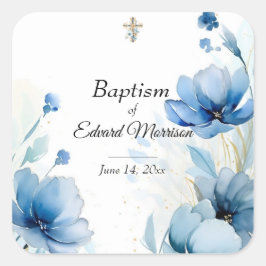 Adesivo Quadrado Batismo Azul-Derramante Floral Elegante