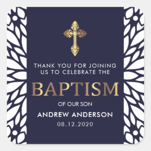 Adesivo Quadrado Batismo Azul Elegante, Dourado E Marinho, Obrigado