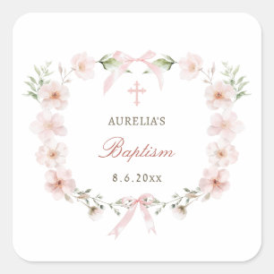 Adesivo Quadrado Batismo da Moldura Floral Rosa Esbranquiçada