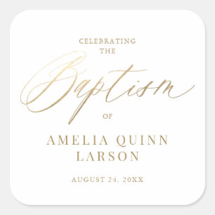 Adesivo Quadrado Batismo de Script de Caligrafia Dourada Elegante S