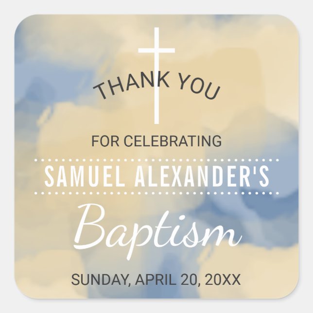 Adesivo Quadrado Batismo Dourado e Azul de Aquarela (Frente)