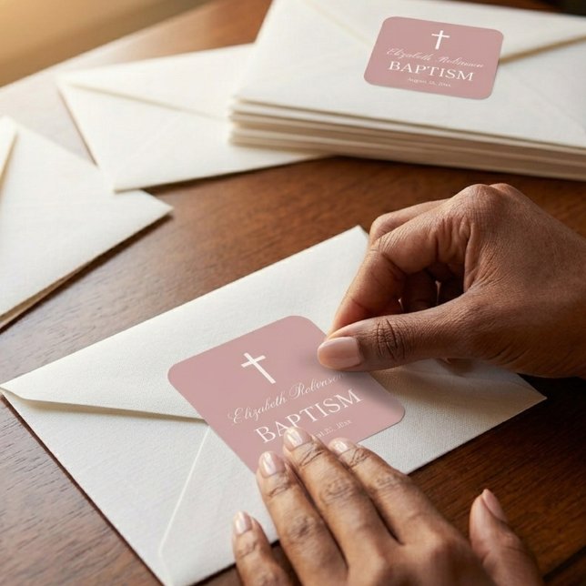 Adesivo Quadrado Batismo Elegante em Rosa Poeirento (Criador carregado)