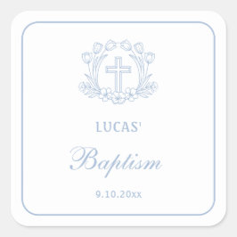 Adesivo Quadrado Batismo Floral Claro Azul Cruz Simples