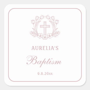 Adesivo Quadrado Batismo Floral Rosa Simples