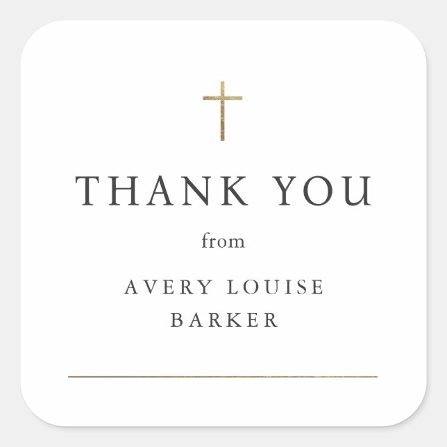 Adesivo Quadrado Batismo Fotográfico Dourado Simples Obrigado (Frente)