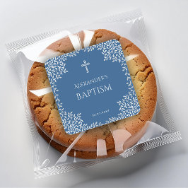 Adesivo Quadrado Batismo Menino Azul Clássico Folhas de Faux Prata 