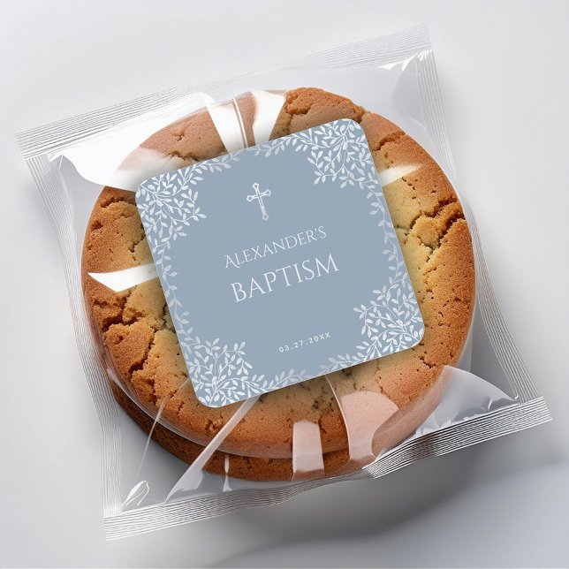 Adesivo Quadrado Batismo Menino Azul Desbotado Elegante Folhas de P (Criador carregado)